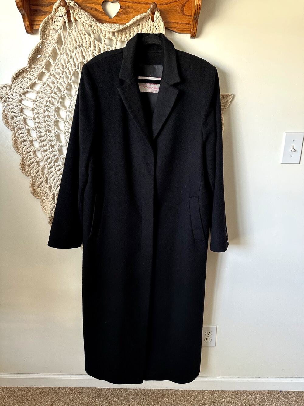 Fleurette Cashmere Vintage Long Black Coat Size Medium Large 8/10/12
